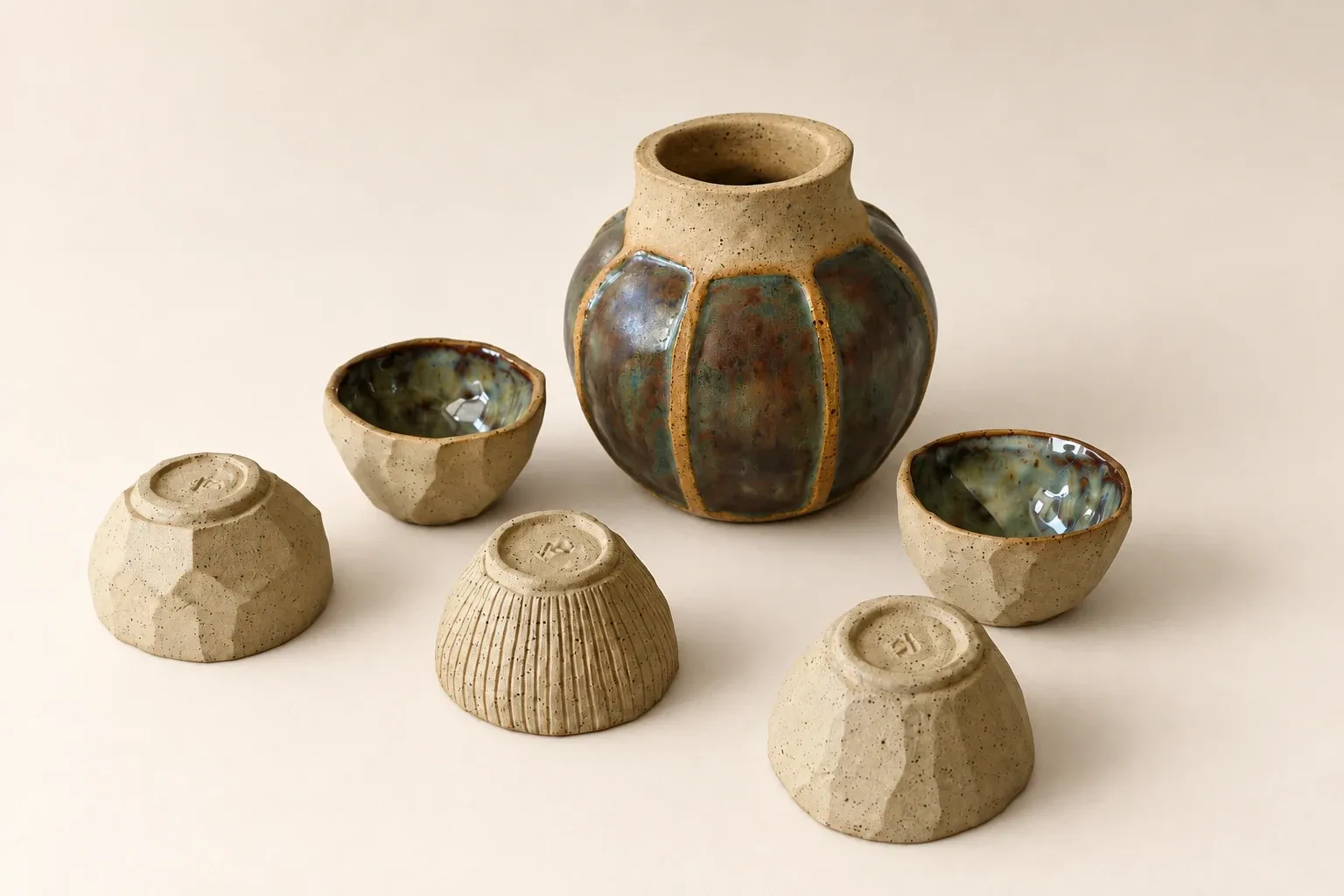 Blue-green glazed ceramic vase arranged with five handmade carved and faceted bowls
